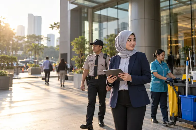 Supervisor operasional memantau tim satpam dan kebersihan di lokasi kerja