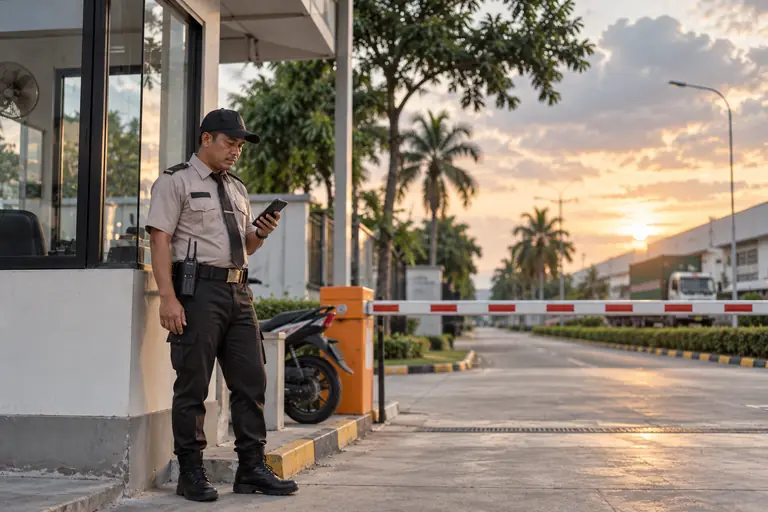 Satpam berjaga di pos gerbang kawasan industri